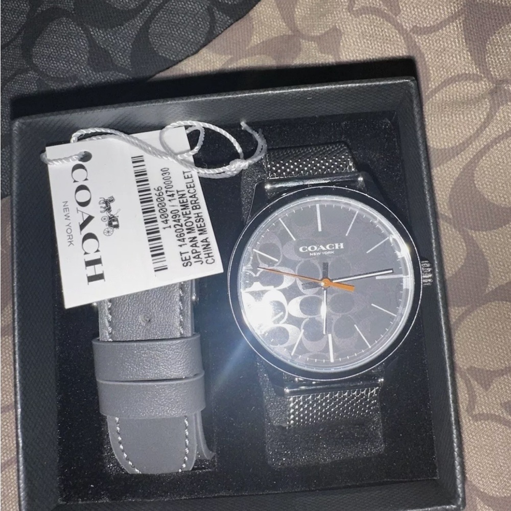 COACH MENS BAXTER WATCH SET BLACK DIAL GRAY MESH STAINLESS STEEL 39 MM